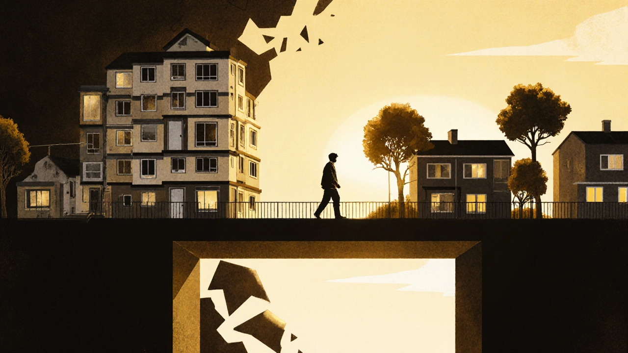A bridge made of housing units connecting hardship to stability, with one person walking across toward light.