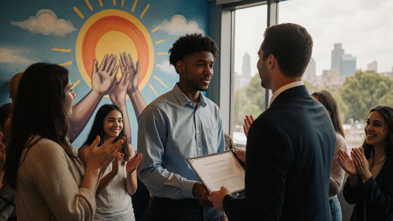 A graduate receives a certificate surrounded by peers and mentors at a community ceremony.
