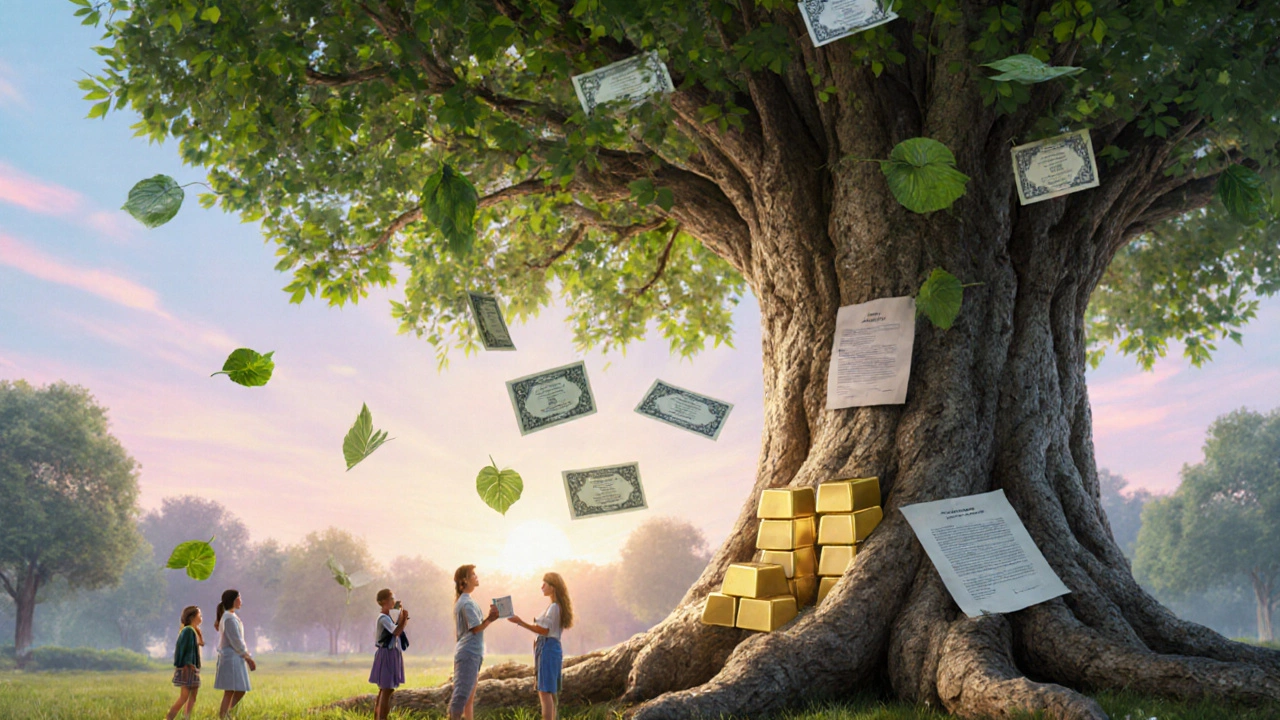 A large tree with roots of gold bars and documents, leaves as grant certificates, giving aid to people below.
