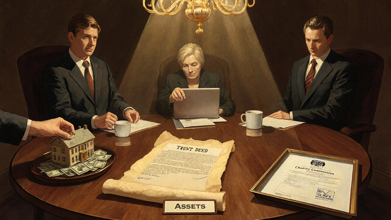 Boardroom illustration of trustees signing a deed, assets being transferred, and registration documents.