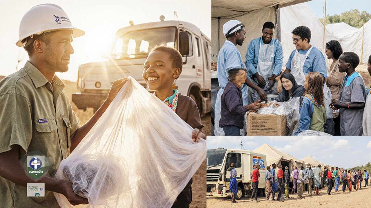Collage of net distribution, medical aid, refugee support, food delivery, and disaster relief, bathed in hopeful glow.