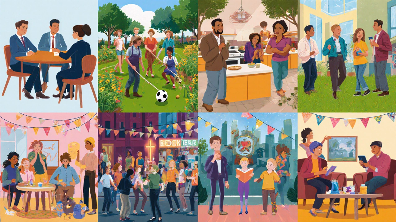 Collage showing nine different places adults meet friends, like work, volunteering, sports, and cafés.