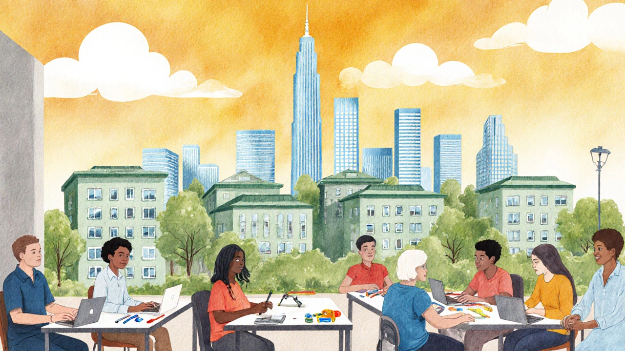 Community workshop with diverse adults, affordable housing and skyline symbolizing equitable policies.