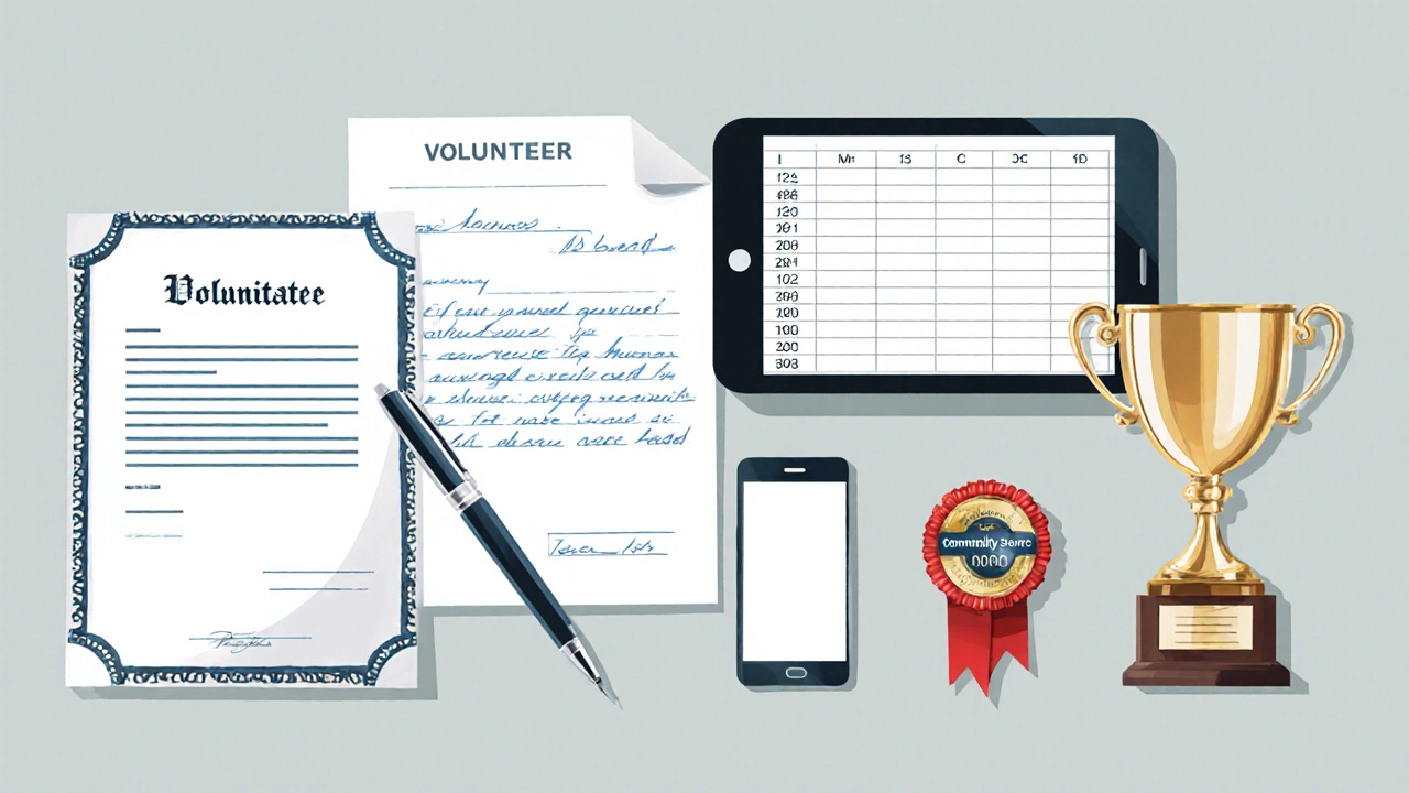 Desk displaying a certificate, reference letter, spreadsheet, award, and badge.