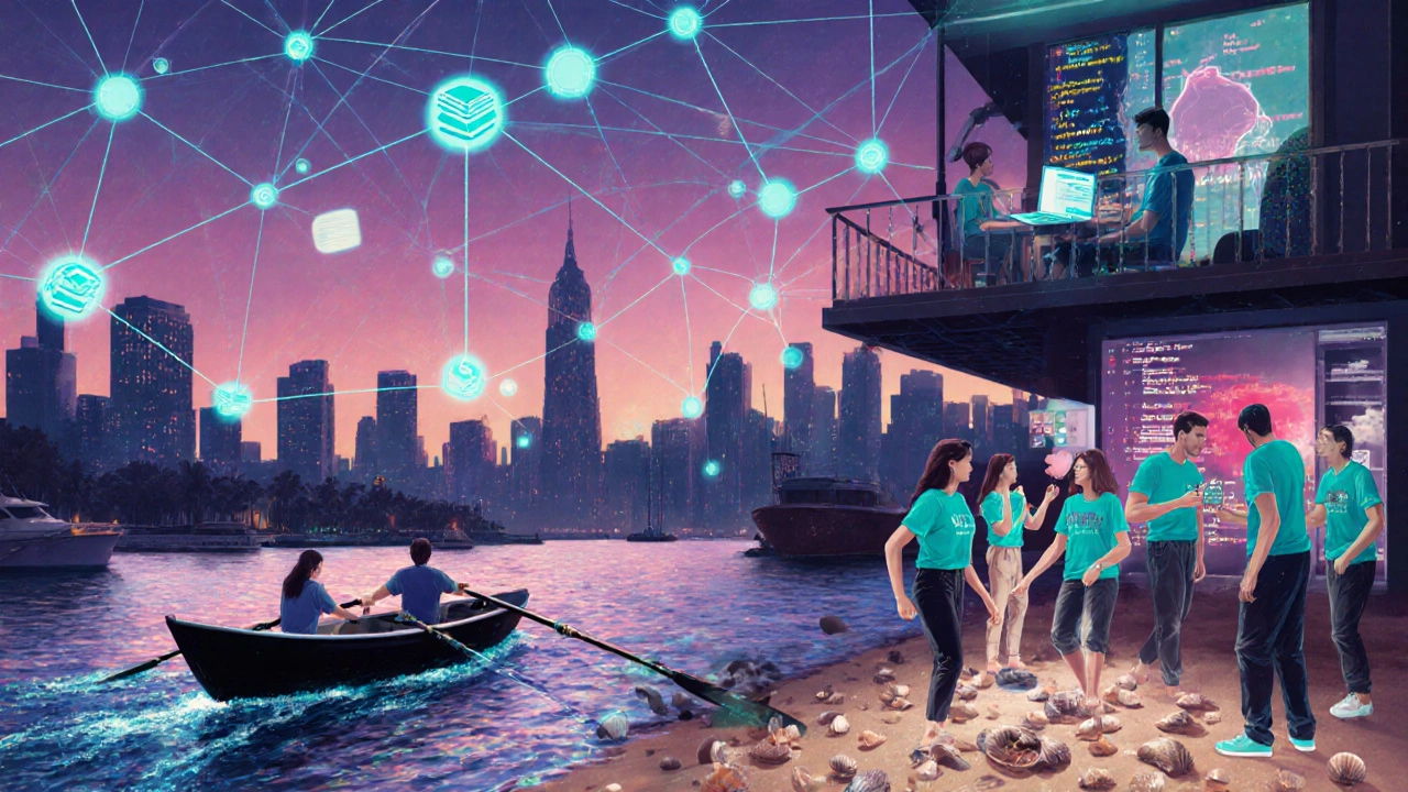 Digital collage of rowing, beach cleanup, book club, and tech meetup linked by glowing lines.