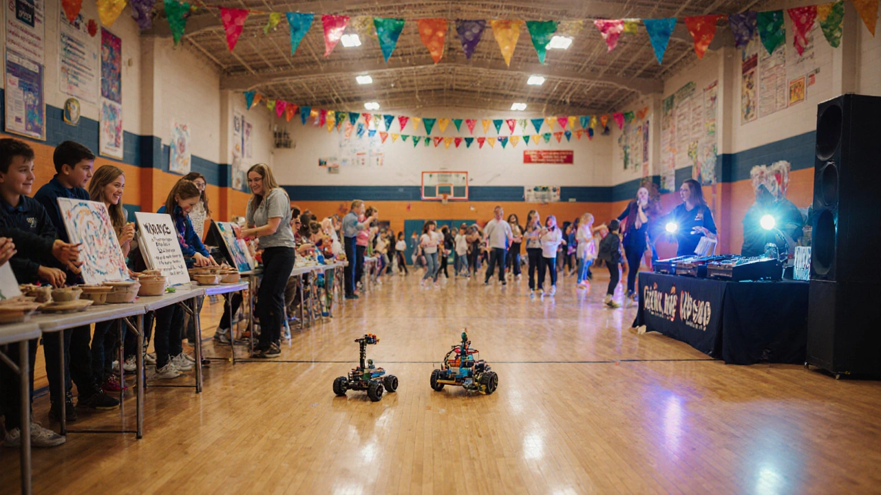 Gym filled with club booths: robotics, pottery, and a dance arena with kids interacting.