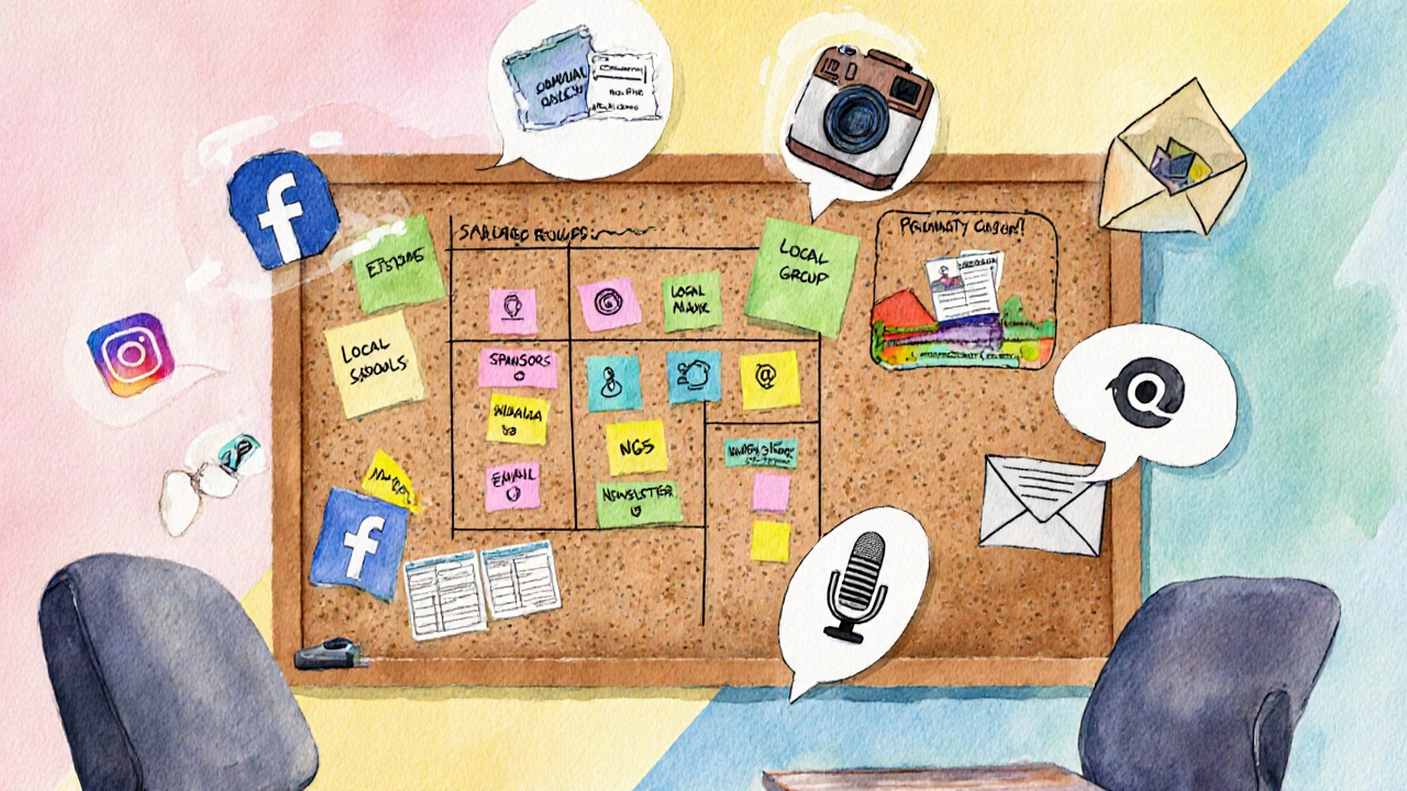 Hand-drawn stakeholder analysis board with sticky notes and icons for various communication channels.