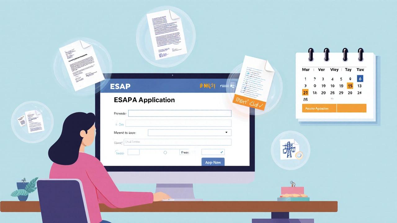Home office view of a parent filling an ESAP portal form with document icons and calendar.