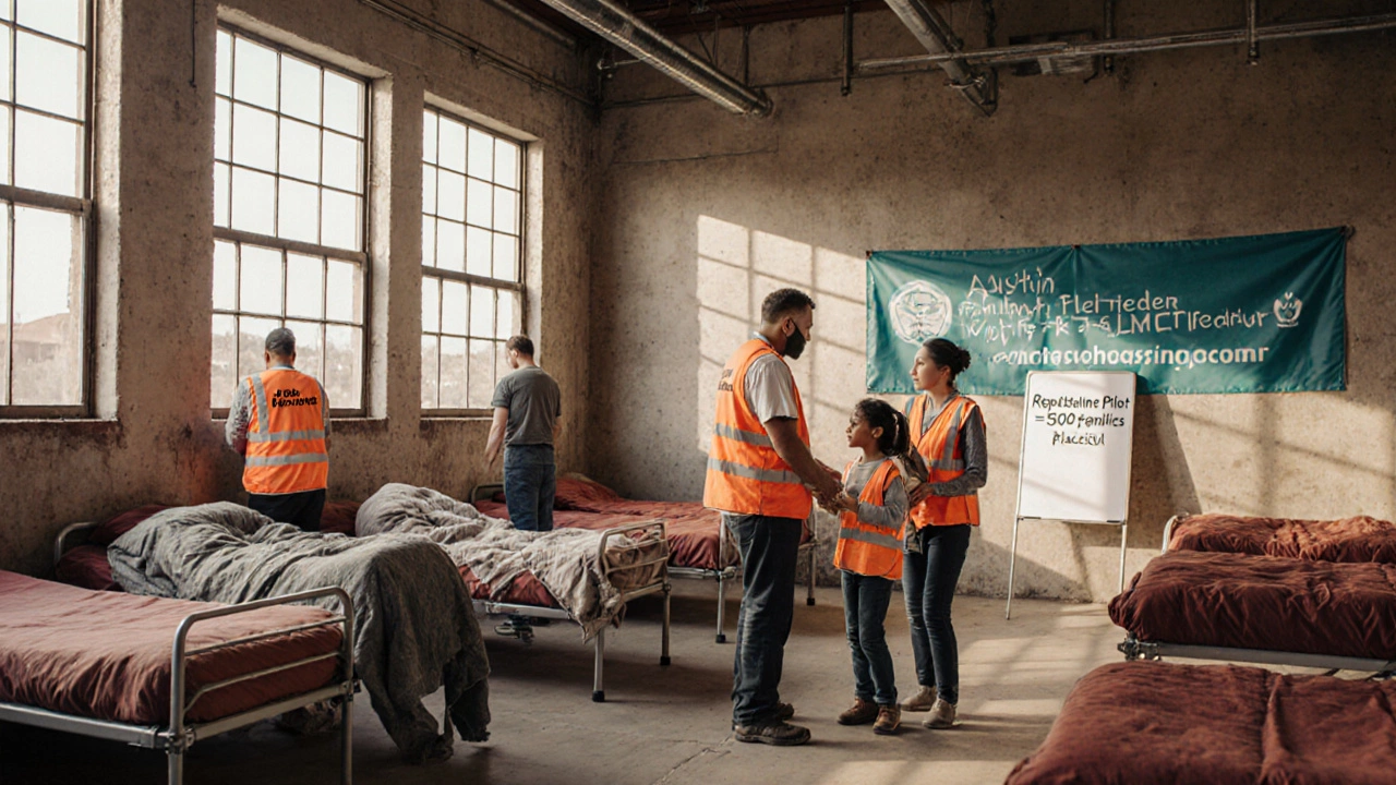Inside an Austin emergency shelter with volunteers assisting families.