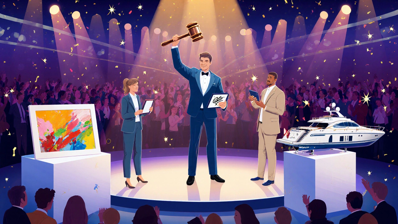 Live charity auction with auctioneer, bidders using tablets, and showcased high‑value items.