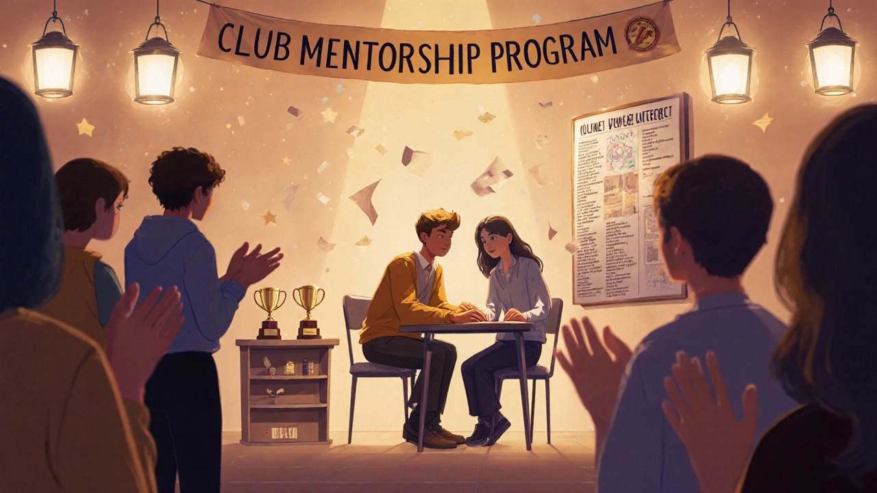 Mentor guiding a new member at a club showcase with awards nearby.