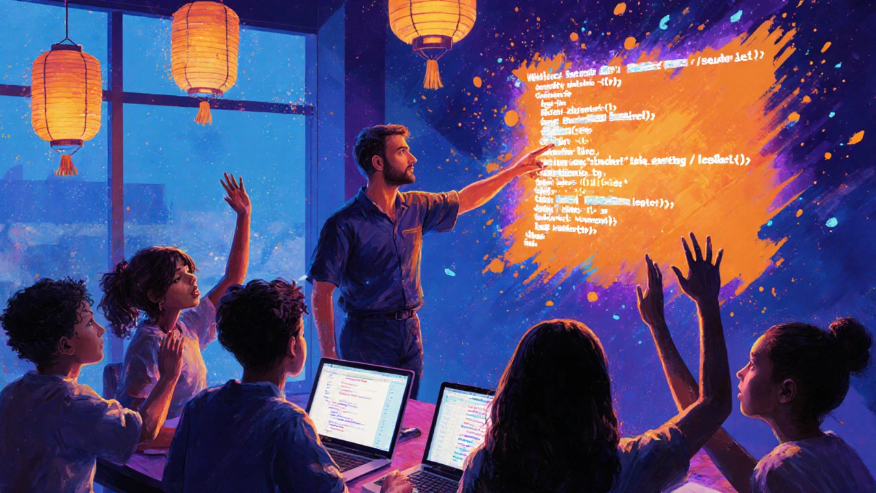 Mentor teaching high‑school students coding at a community workshop, all inspired.