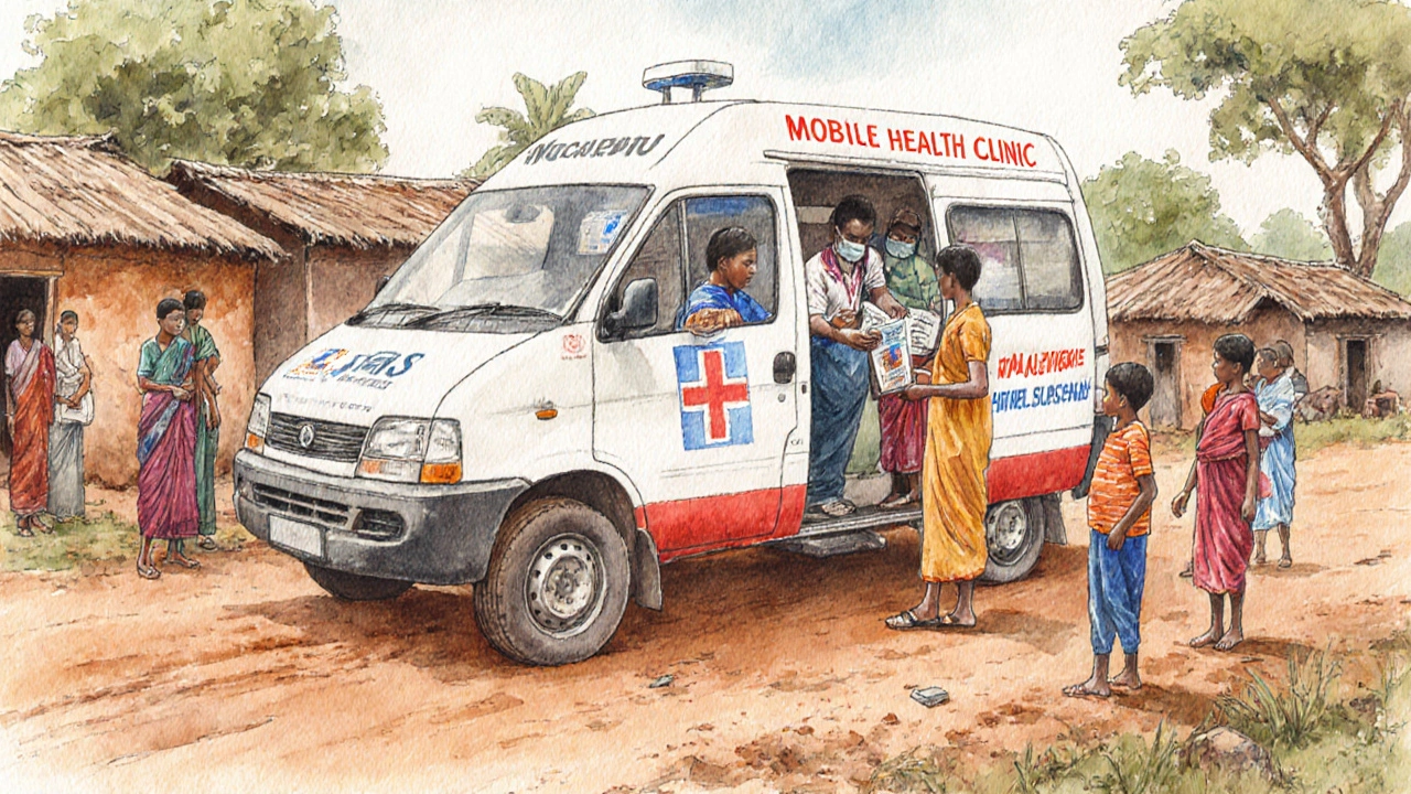 Mobile health clinic van interacting with villagers during an outreach program.