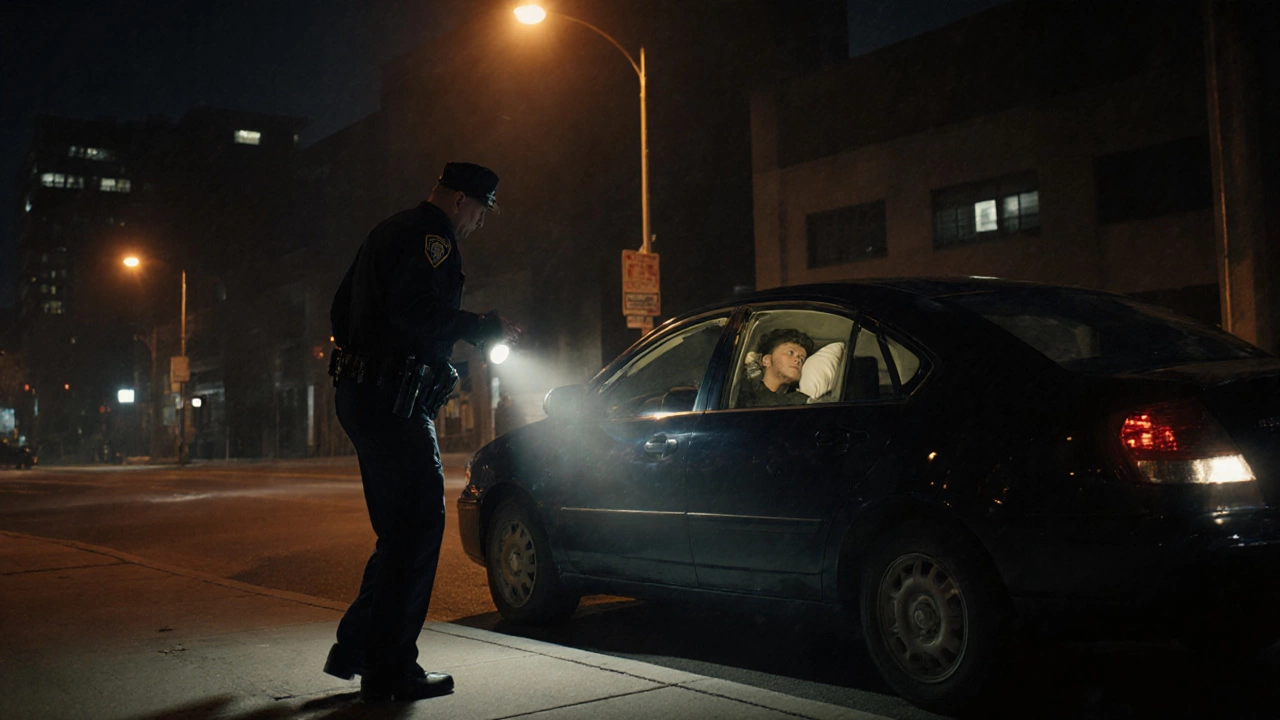 Officer approaches a parked car at night, interior light shows occupant sleeping.
