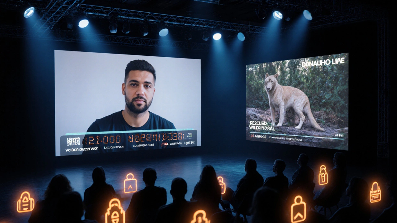 Online crowdfunding live‑stream with influencer, donation ticker, and rescued animal footage.