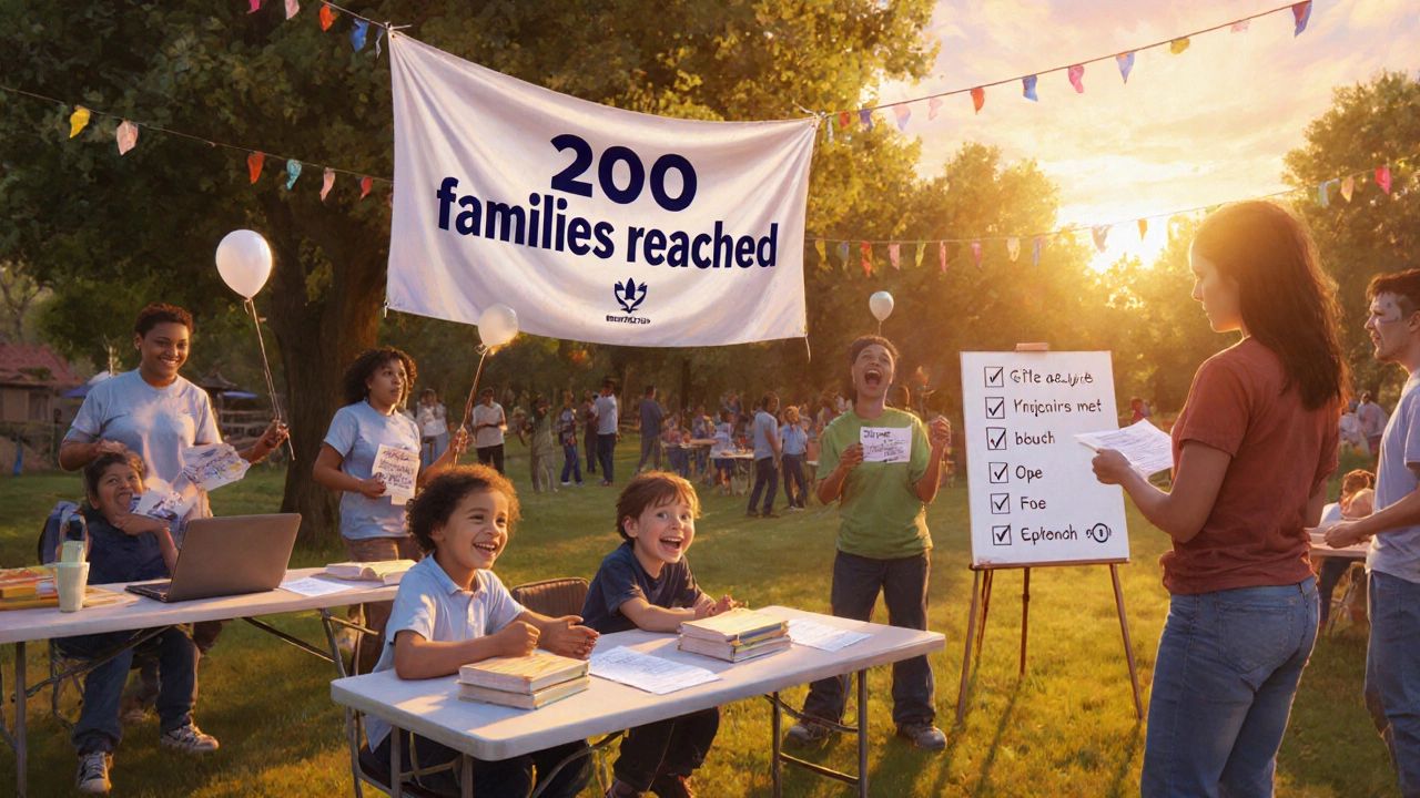 Outdoor celebration showing volunteers, children, and a banner highlighting the outreach project's success.