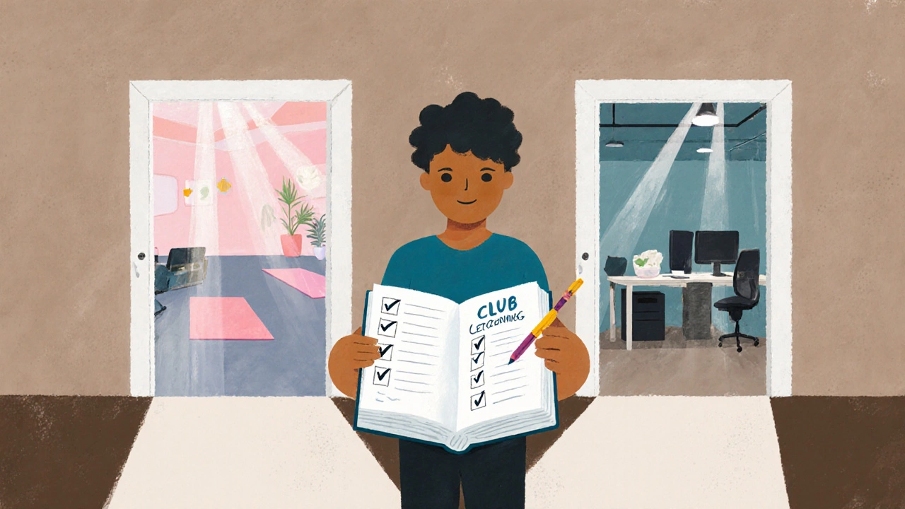 Person reviewing a checklist while choosing between a yoga studio and a co‑working space.