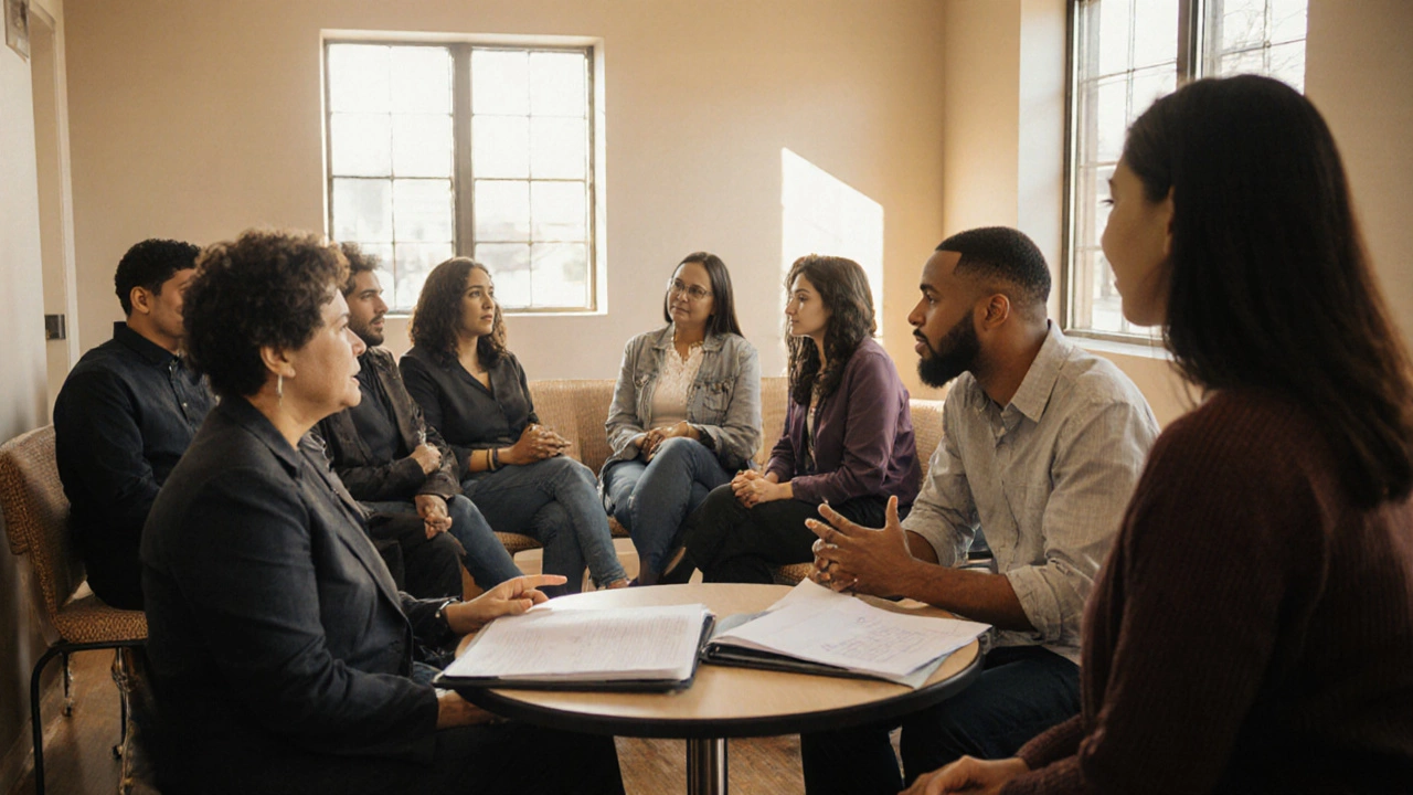 Person speaking with a case manager in a community center, surrounded by others waiting for housing assistance.