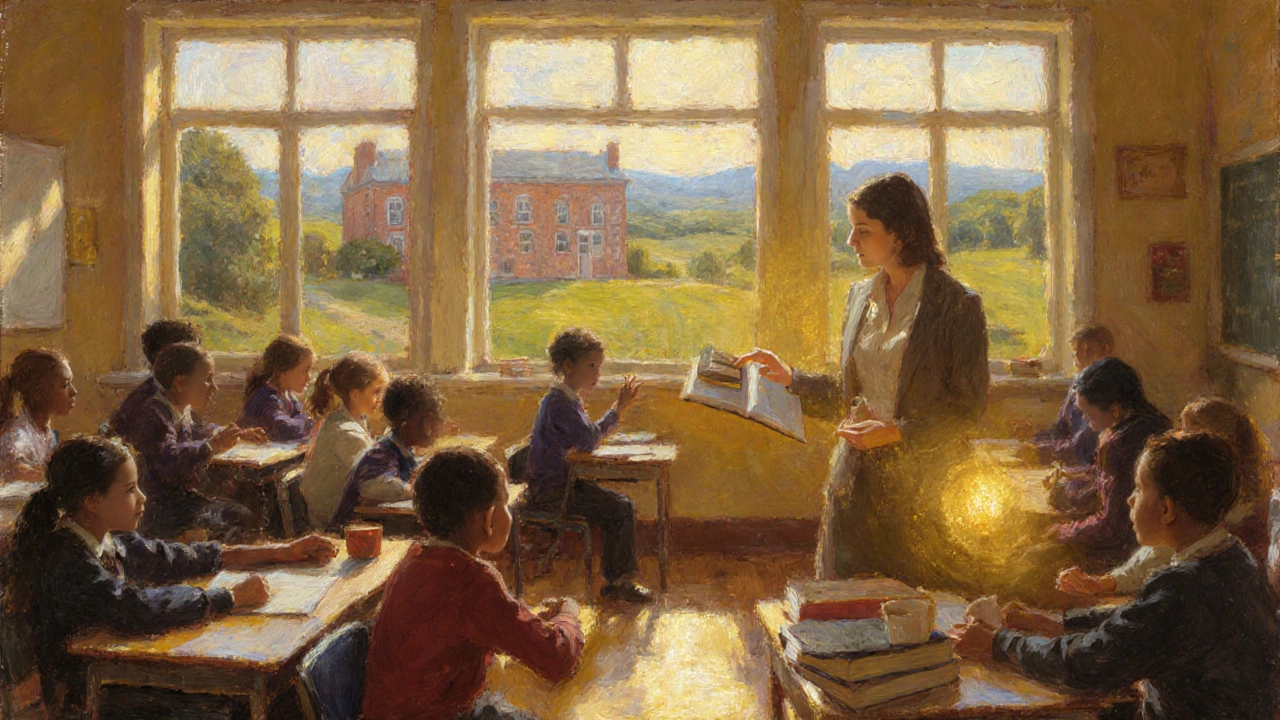 Private school classroom with diverse students and teacher, illuminated by golden light.