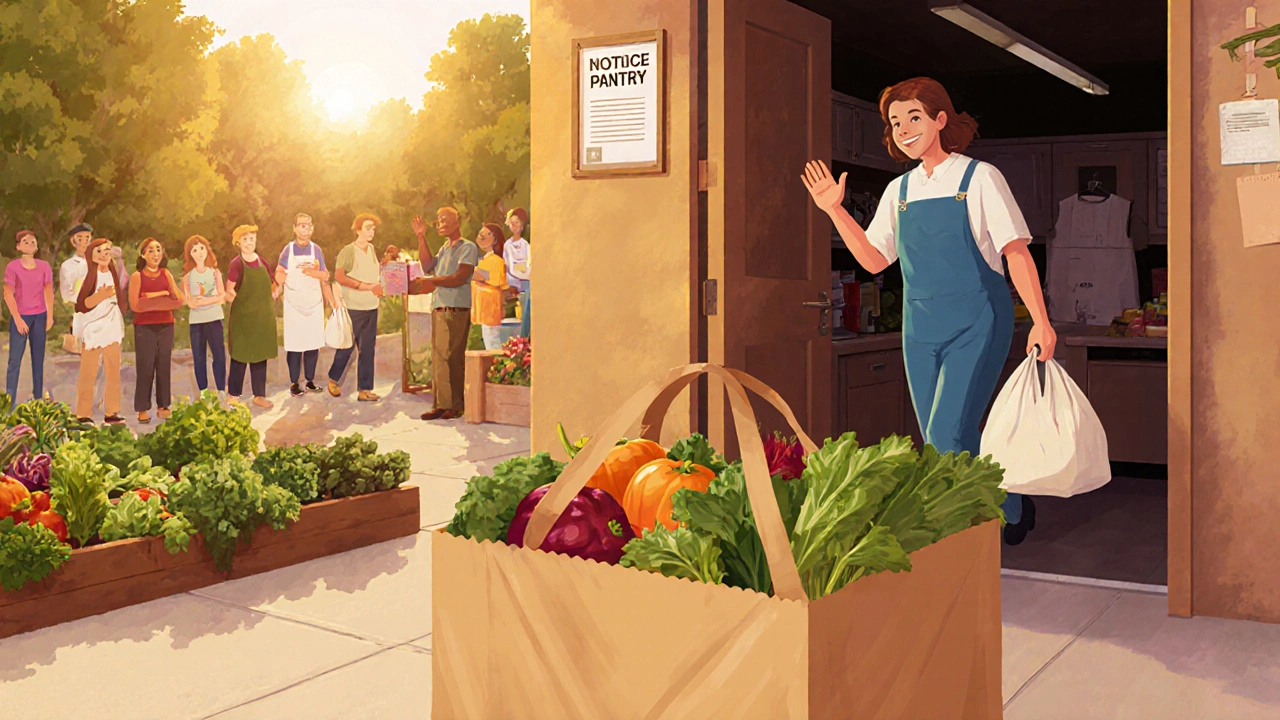 Recipient leaving pantry with a full bag, volunteer waving, garden and cooking class in background.