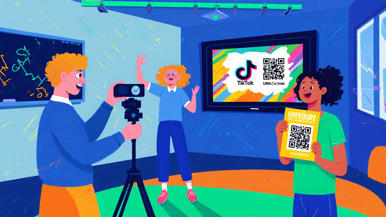 Students filming a TikTok teaser with colorful posters and a school screen.