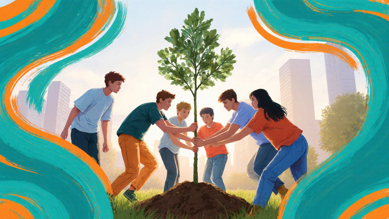 Teen climate activists collaborating on a grassroots outreach tree‑planting event.