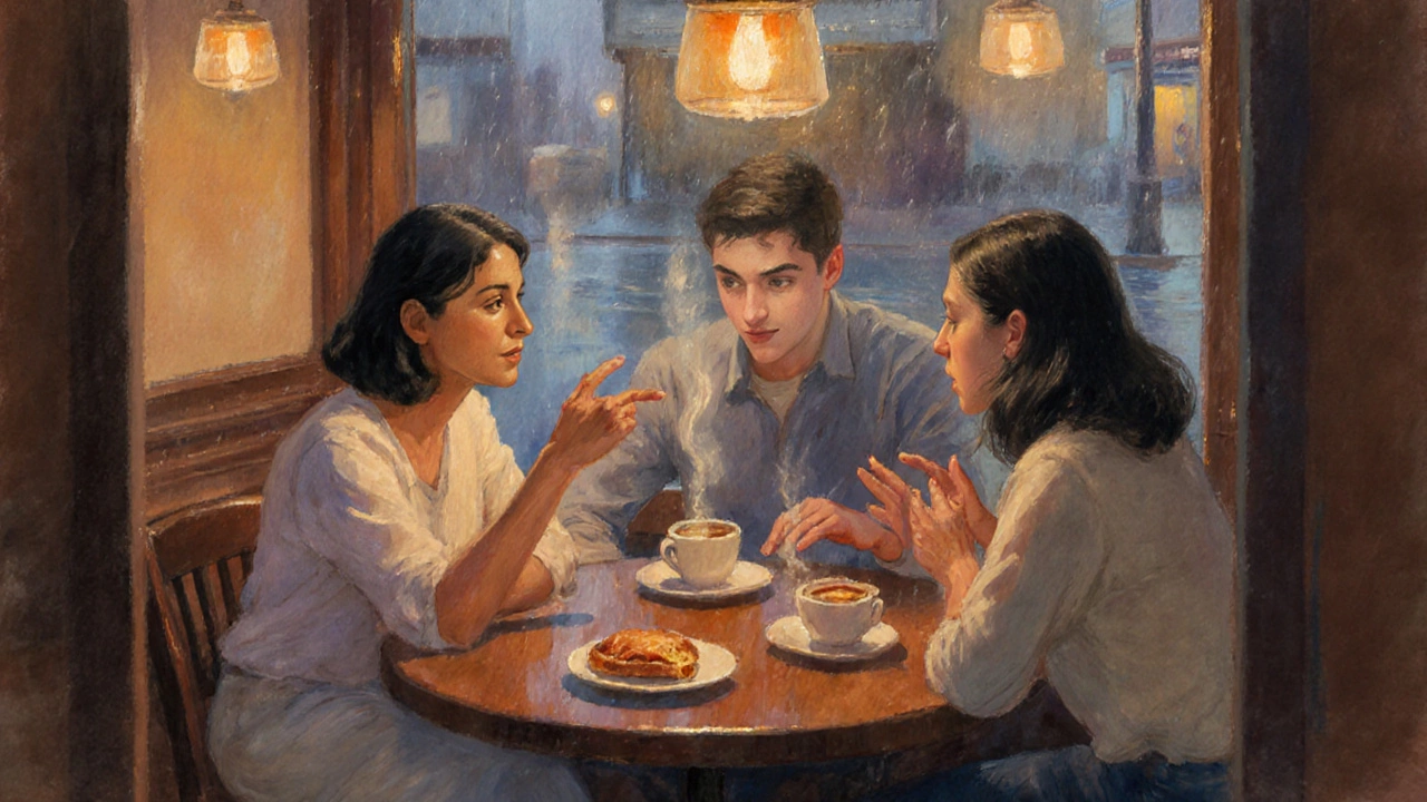 Three adults having an intimate, friendly conversation over coffee in a cozy café.