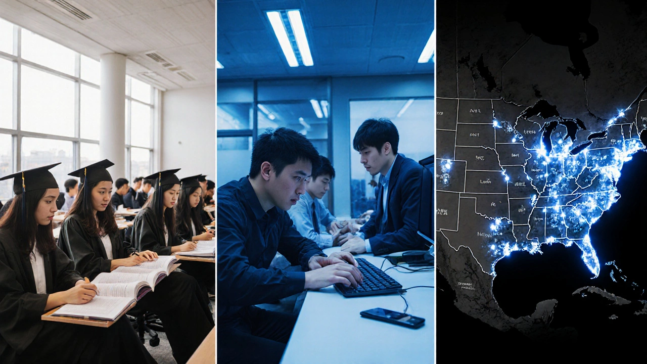 Three-panel image: Asian students in lecture hall, Asian tech workers, US map highlighting high‑pay metros.