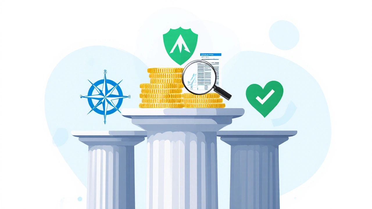 Three symbolic pillars for financial health, accountability, and program effectiveness with abstract agency icons.