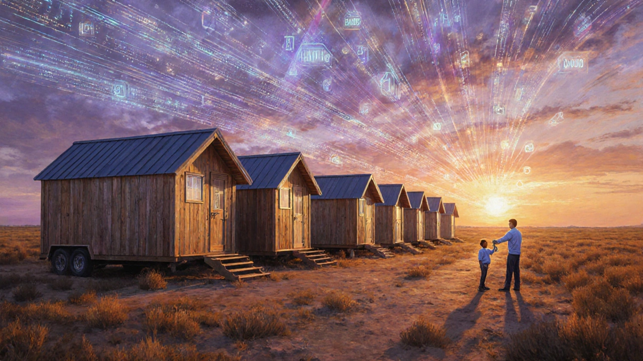 Tiny‑home village in rural Texas at sunset with glowing data symbols above.