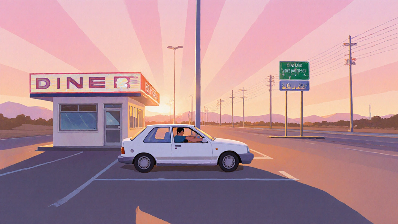 Traveler stretches beside a car in a sunrise-lit truck stop parking lot.