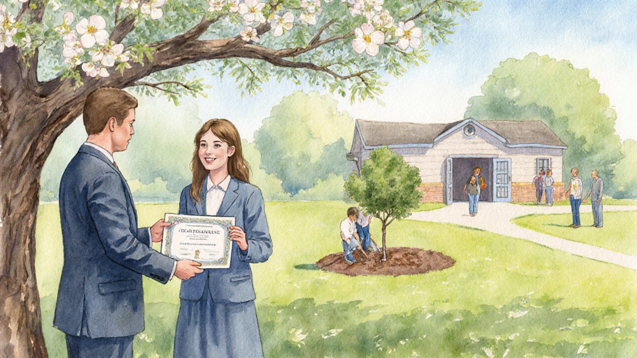 Watercolor of a student receiving a scholarship, trees being planted, and a community center benefiting.