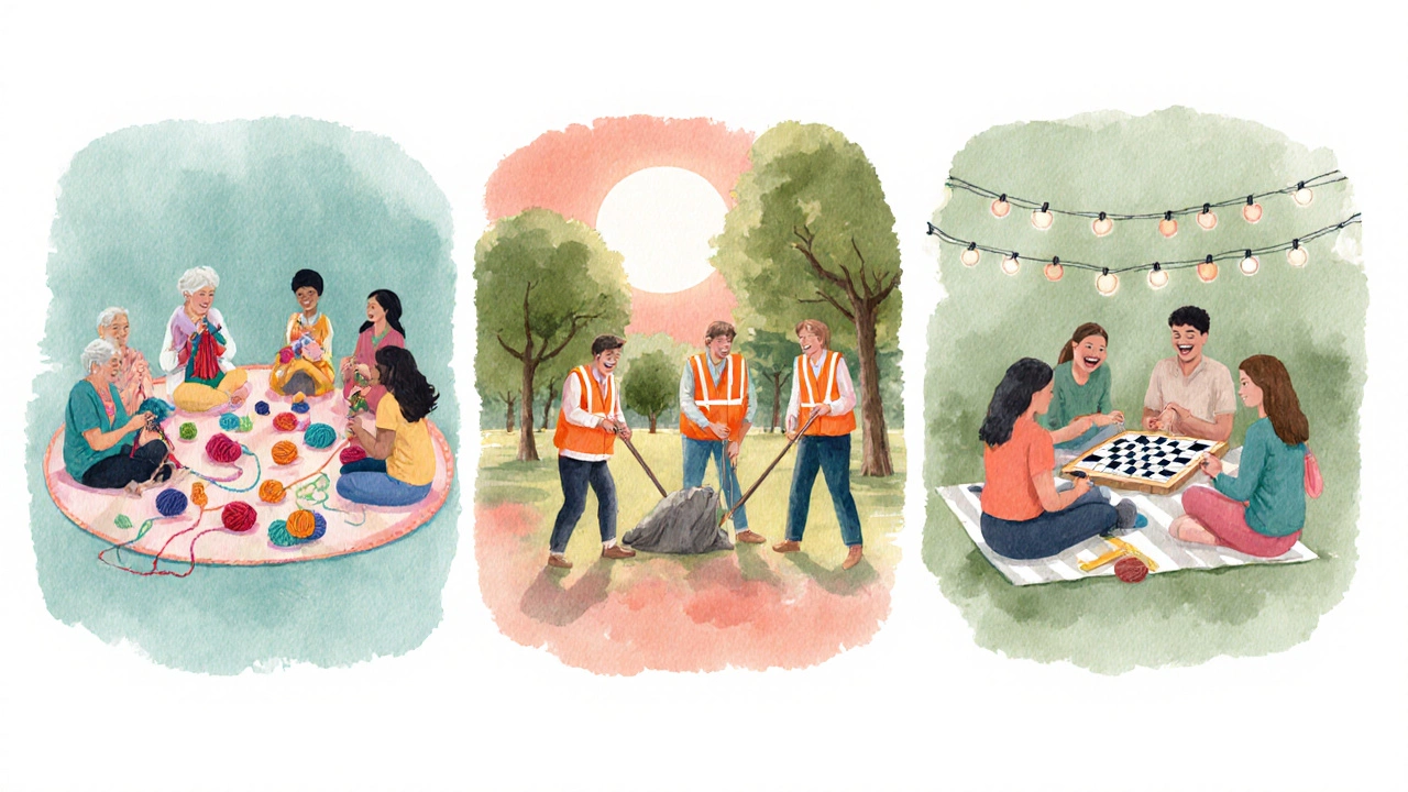 Watercolor vignettes of knitting, park cleanup, and board game club activities.