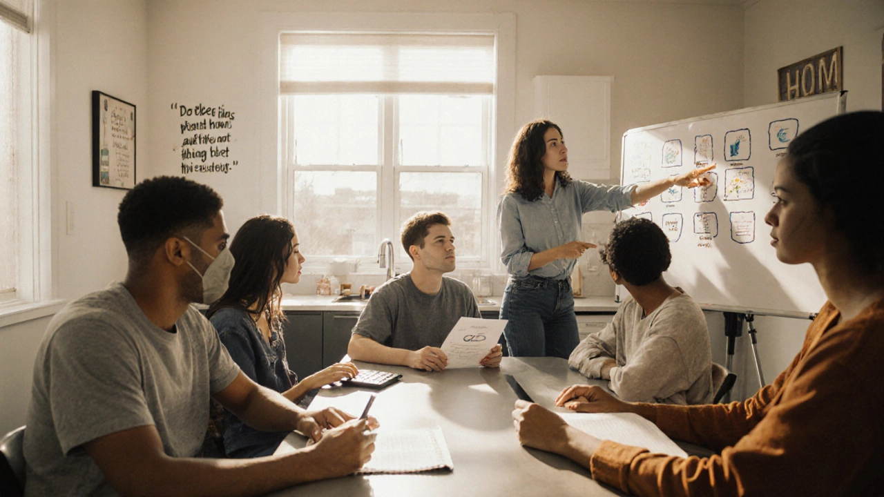 Young adults learn life skills together in a bright Start Smart apartment kitchen.