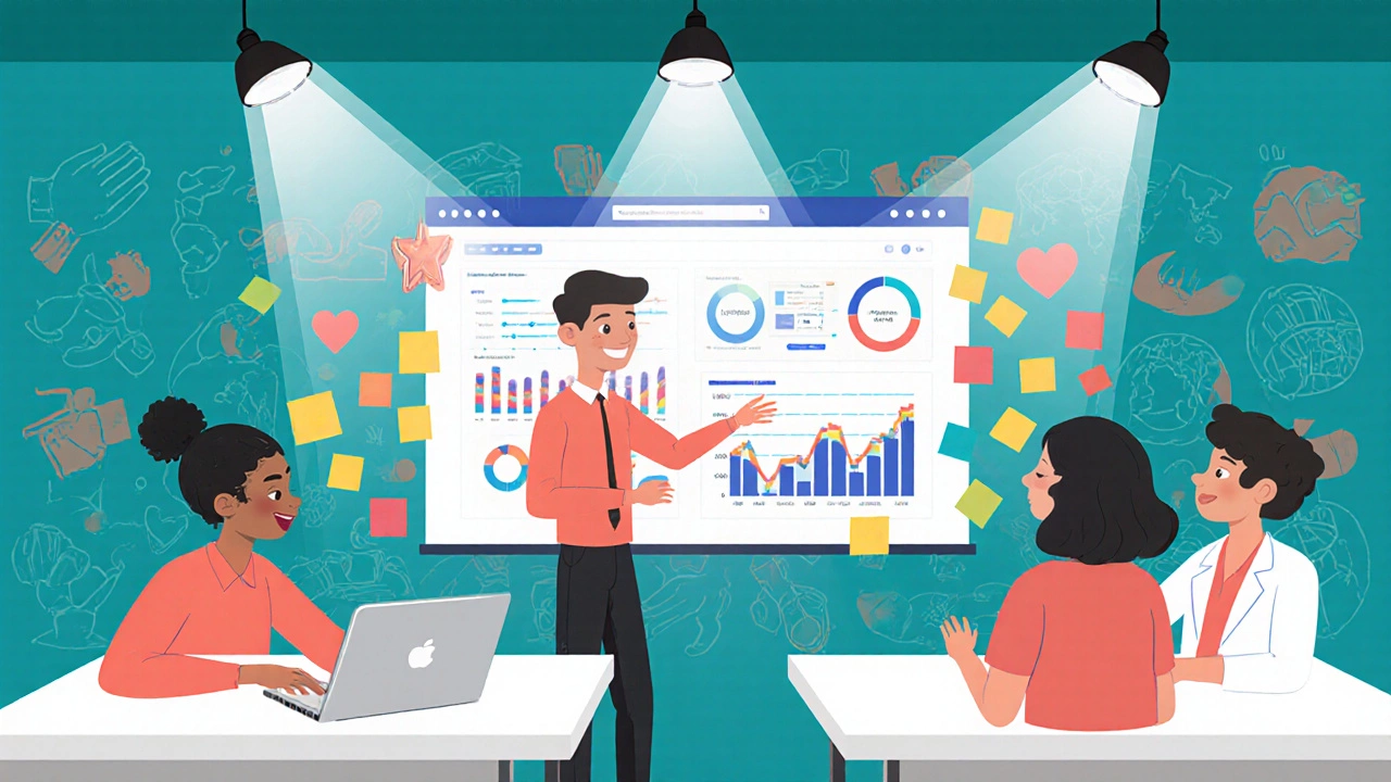 Young professional presenting social media analytics to volunteers in a coworking space.