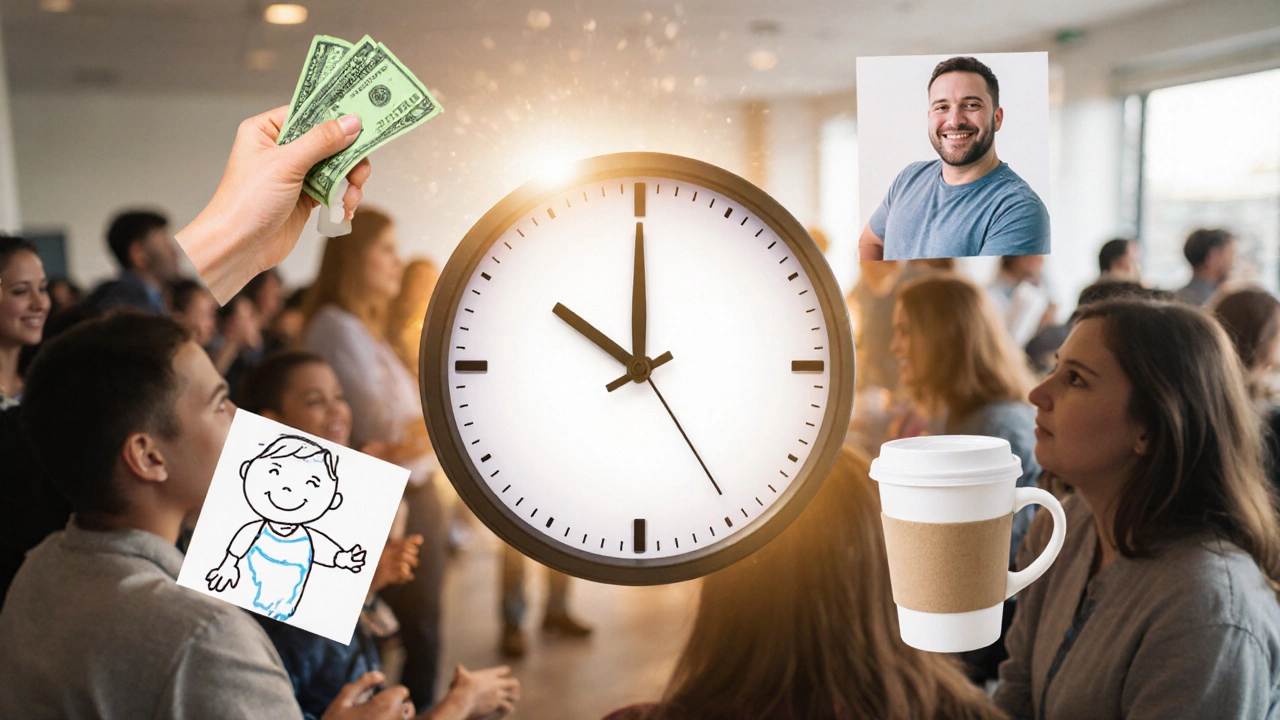 A clock at 4:00 PM symbolizing the ideal fundraiser duration, surrounded by symbols of community and giving.