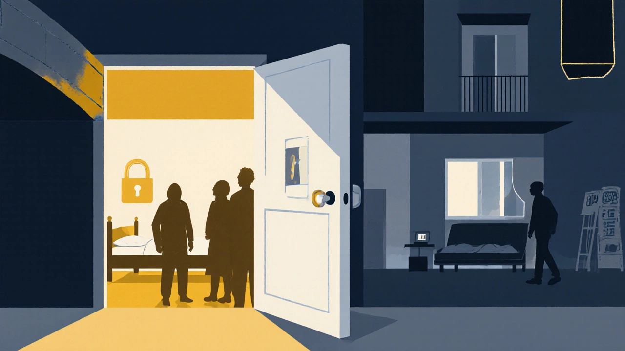 A door opens from darkness into light, symbolizing escape from homelessness into a safe home.