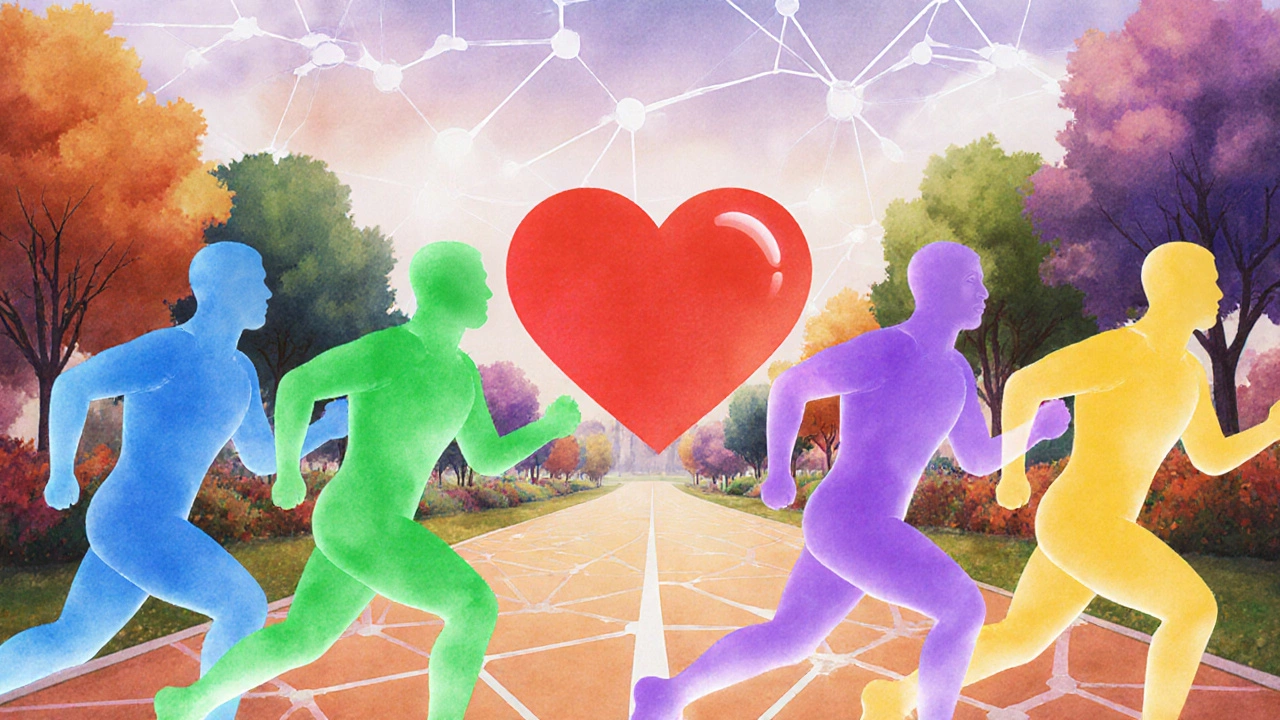 Abstract relay race with heart-shaped baton passed between five colored figures representing outreach roles.