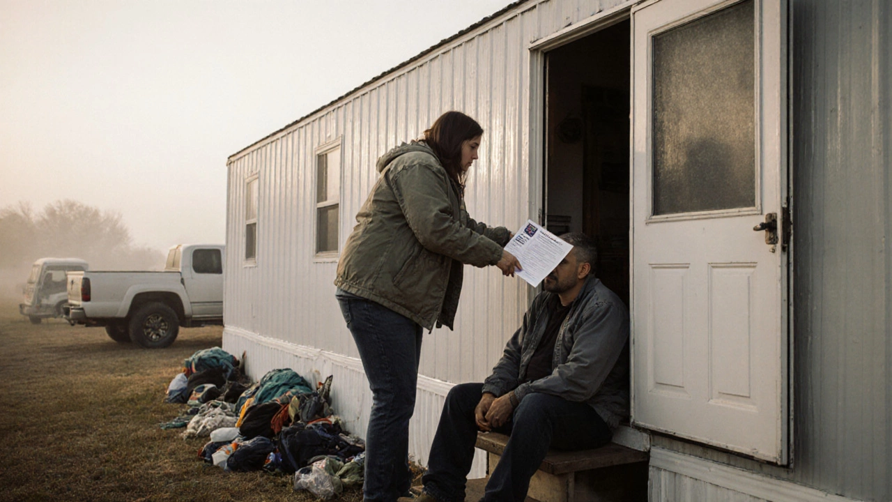 An outreach worker offers housing help to a veteran sitting outside a mobile home in rural Arkansas.