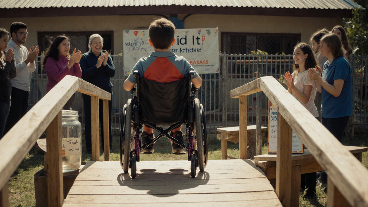 Child in wheelchair rolling up a new school ramp as smiling volunteers clap nearby