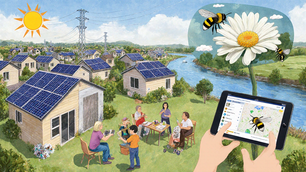 Community solar farm and repair café with real-time environmental data displayed on a tablet.