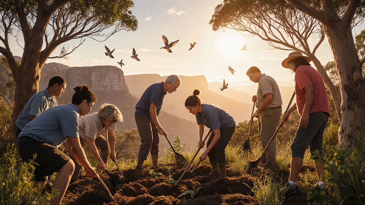 Diverse group planting native trees in the Blue Mountains with birds returning to new growth.