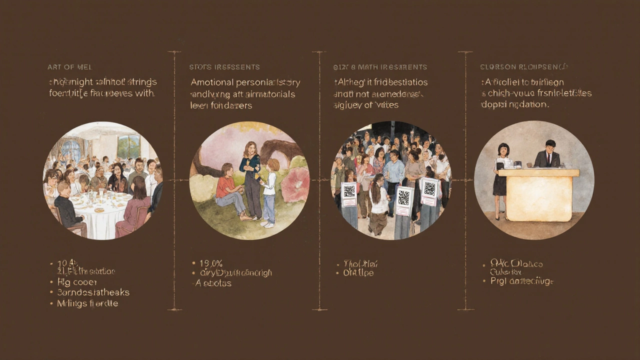 Four visual stages of a successful 4-hour fundraiser with emotional storytelling and donation activities.