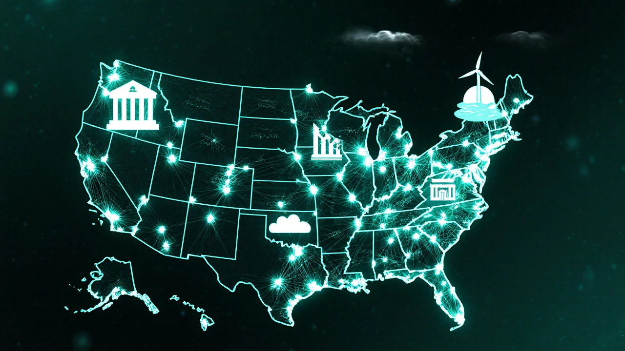 Glowing network of local climate chapters connected across a U.S. map with symbols of clean energy.