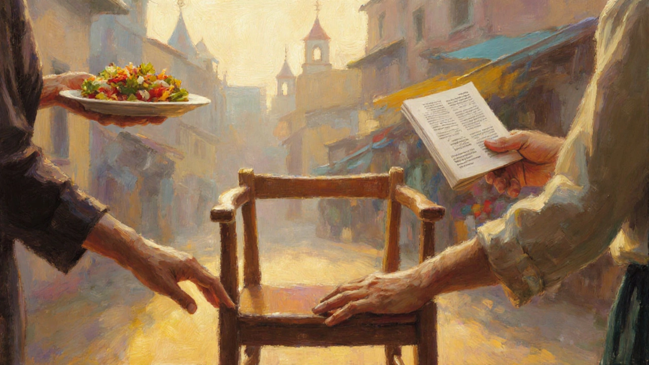 Hands reaching out with food, translation help, and comfort around an empty chair.