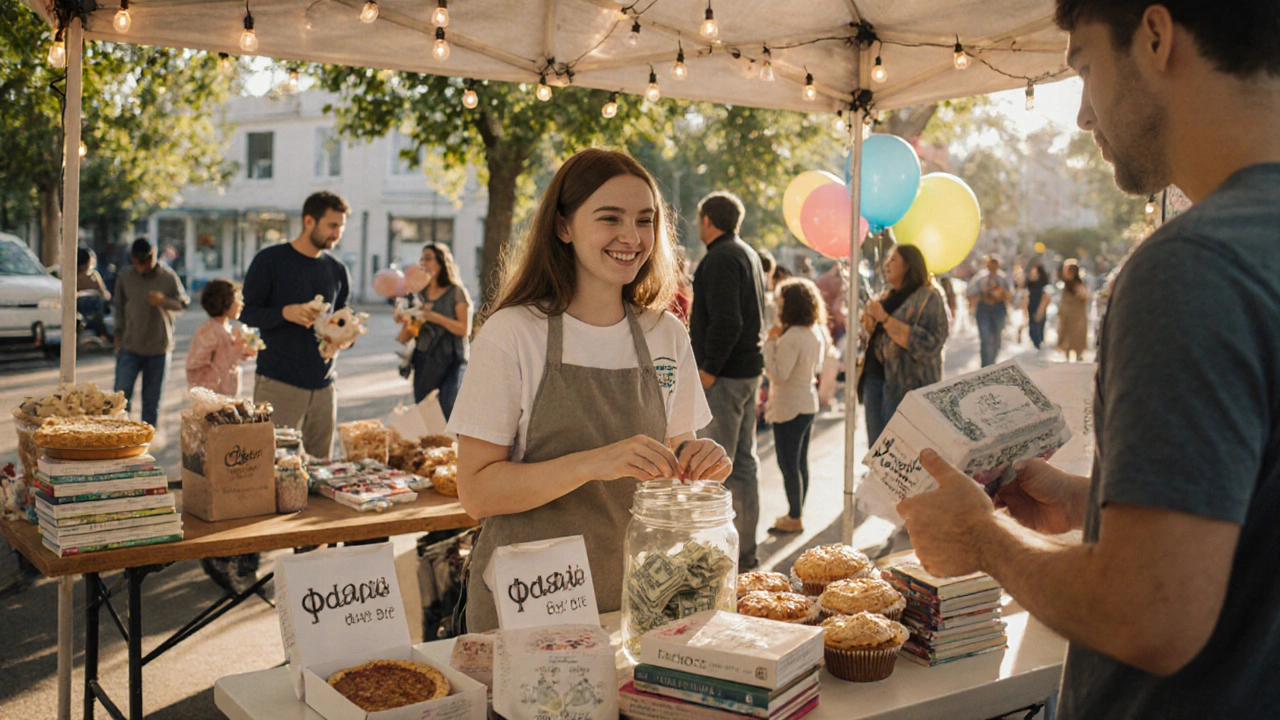 Neighborhood market with baked goods and volunteers counting cash donations under string lights
