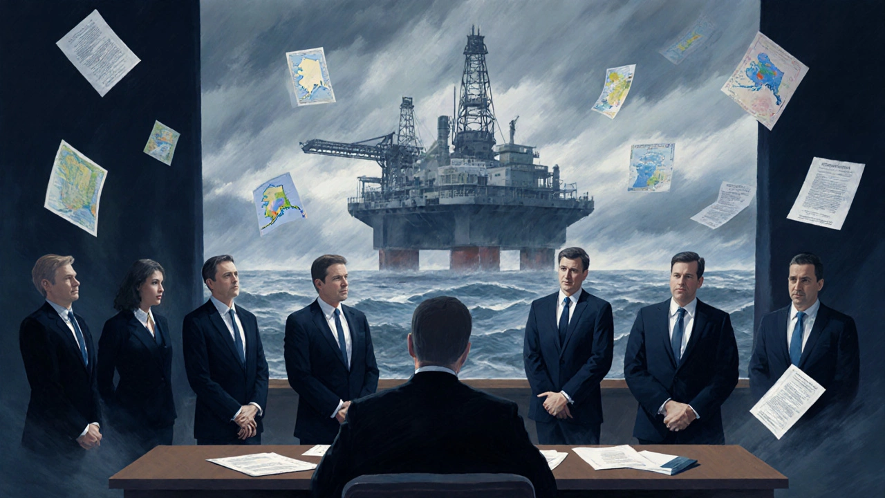 NRDC lawyers in court with maps and oil rigs fading in the background under dramatic lighting.