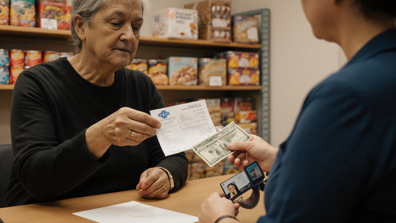 Person receiving emergency cash grant from St. Vincent de Paul volunteer