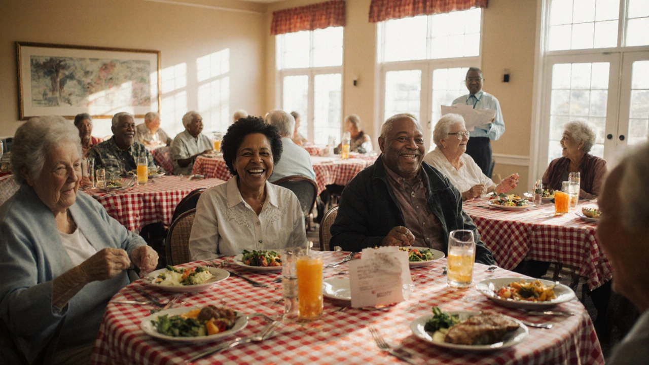 Seniors enjoying a communal lunch in a bright dining center, smiling and eating together.