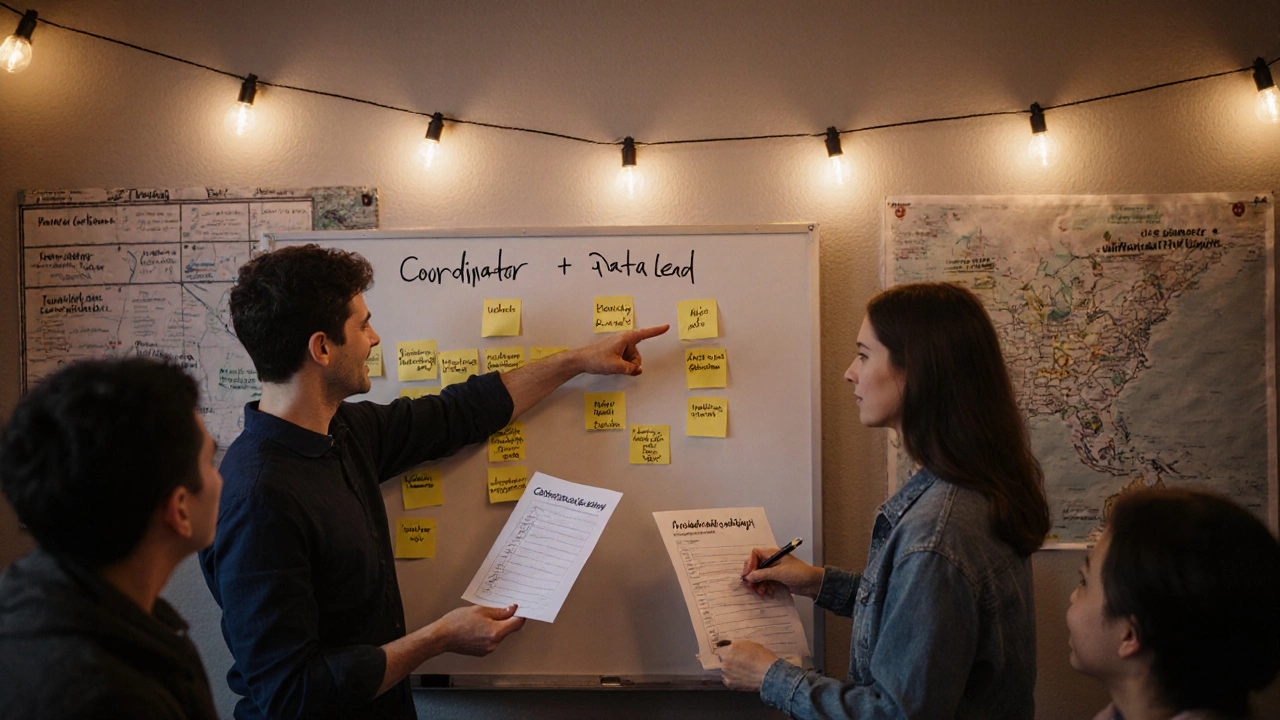 Small team planning outreach tasks around a whiteboard with sticky notes and checklists in a community center.